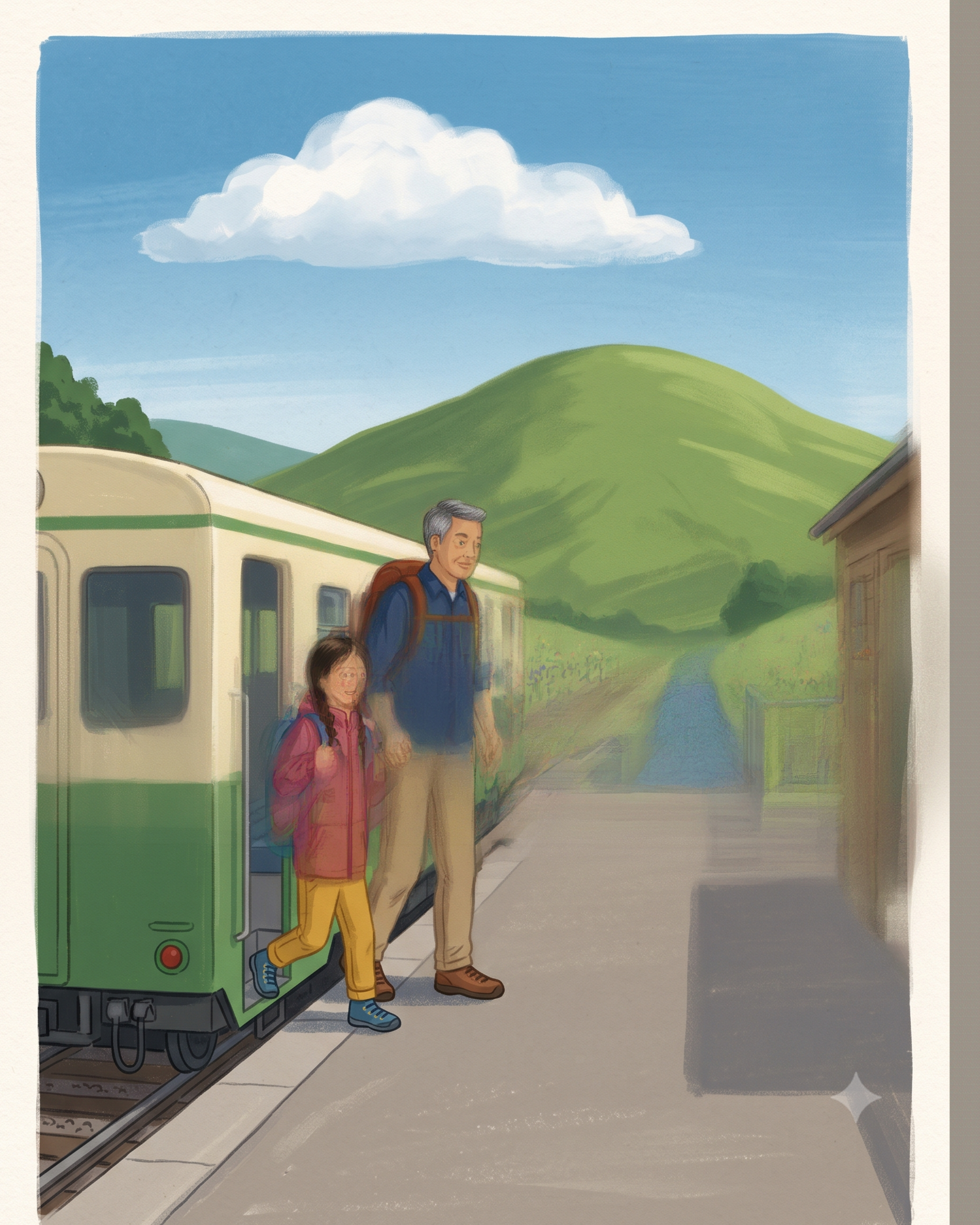 Up to Cloud Hill: Mei and Uncle Tao leave the little train.