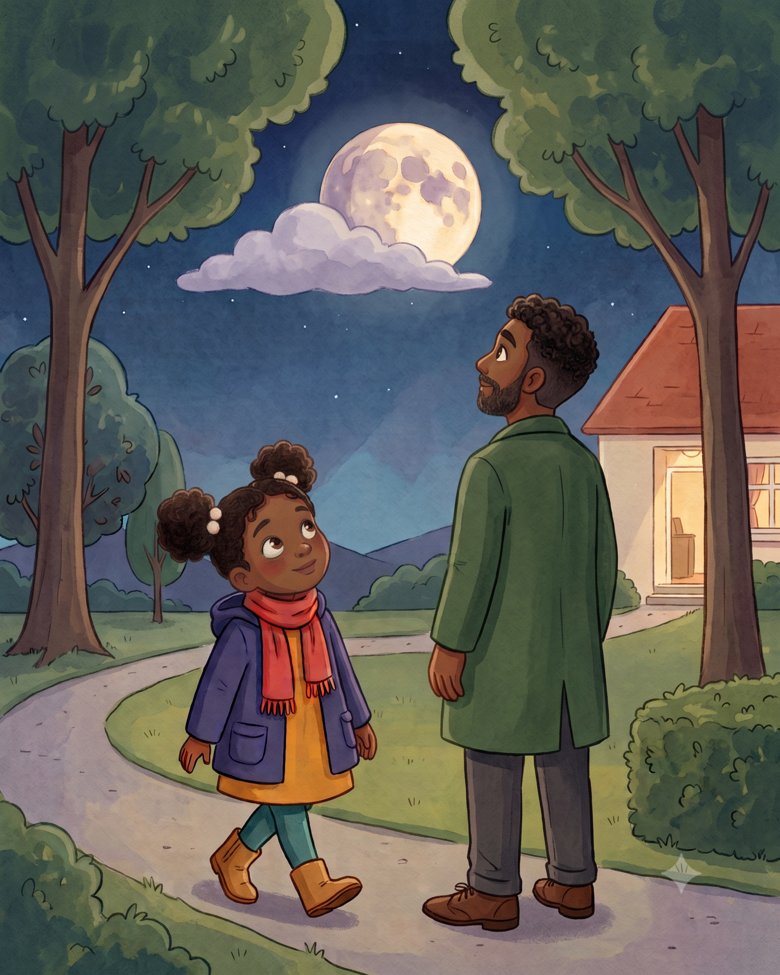 The Moon Follows Me: It peeks between tall trees and one cloud.